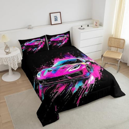 Homewish Cool Sports Car Comforter Set,Race Car Bedding Set for Kids Girls Boys,Teens Adults Extreme Sports Comforter,Racing Theme Quilted Duvet Set Bedroom Collection Twin Size 2Pcs