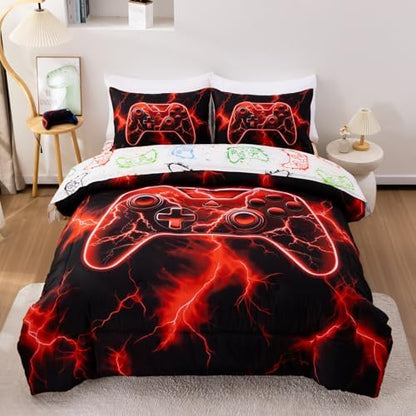 Meeting Story Queen Boys Bedding Set, 3D Game Controller Design Gaming Bed Set, Gamer Comforter in A Bag Soft Lightweight Video Gamepad Bedroom Set(Red)