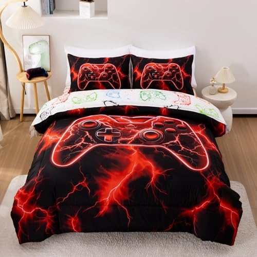 Meeting Story 5-Piece Boys Comforter Set Full Size Game Console Bedding Set for Kids Teen 3D Red Gamepad Gaming Bed in a Bag Matching Sheet Set(Red)
