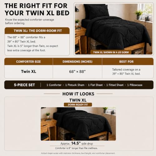 HIMEET Twin XL Comforter Set Black - 5 Pieces Pintuck Bed in a Bag