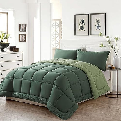 DOWNCOOL Full Size Comforter Sets -All Season Bedding Comforters Sets with 2 Pillow Cases -3 Pieces Bed Set Down Alternative Comforter Set -Double Green Bedding Sets Full(82"x86")