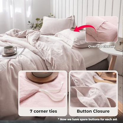 Simple&Opulence 100% French Linen Duvet Cover Set with Embroidered,3 Pcs Washed Soft Farmhouse Bedding Set with Button Closure,1 Comforter Cover and 2 Pillowshams(King,Dusty Pink)