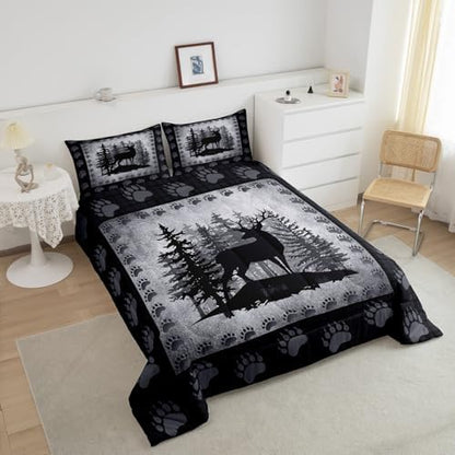 Castle Fairy Rustic Deer Plaid Comforter Set Twin Size Animal Hunting Bear Paw Print Bedding Set for Kids Boys Pine Trees Retro Grid Quilted Duvet Set with 1 Pillowcase,Polyester