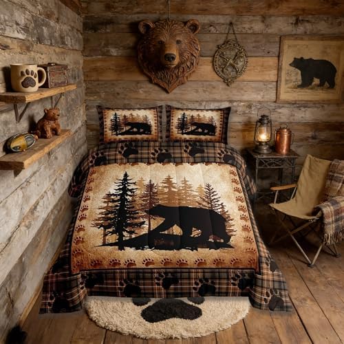 Castle Fairy Bear Print Comforter Set Queen Size,Wild Animal Hunt Pine Trees Retro Bedding Set for Women Adult,Rustic Grid Plaid Cabin Decor Luxury Bed Duvet Insert, 2 Pillowcases