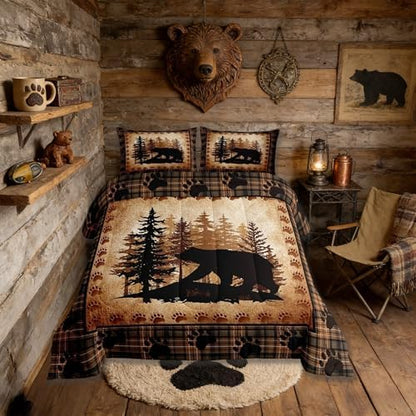 Castle Fairy Bear Print Comforter Set Queen Size,Wild Animal Hunt Pine Trees Retro Bedding Set for Women Adult,Rustic Grid Plaid Cabin Decor Luxury Bed Duvet Insert, 2 Pillowcases