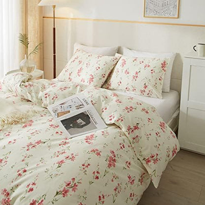 mixinni Boho Red Floral Girl Duvet Cover Set, Soft Cotton King Size 3-Piece Aesthetic Floral Bedding Set, 1 Chic Flower Leaf Pattern Duvet Cover and 2 Pillowcases for All Seasons-King Size