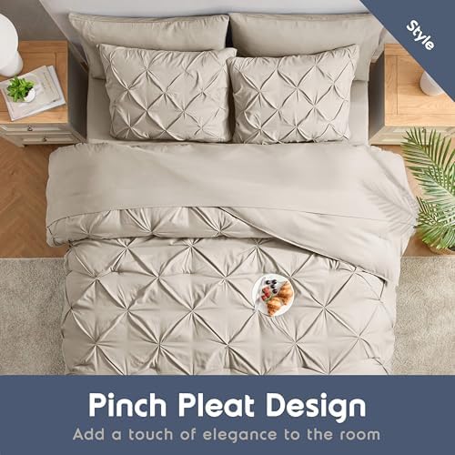 Nestl 9 Piece Queen Comforter Set – Beige Pinch Pleated Bed in a Bag – Complete Queen Size Bedding Set with Sheets, Set of 2 Cooling Pillows, Pillowcases and Shams