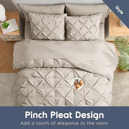 Nestl 9 Piece Full Comforter Set – Beige Pinch Pleated Bed in a Bag – Complete Full Size Bedding Set with Sheets, Set of 2 Cooling Pillows, Pillowcases and Shams