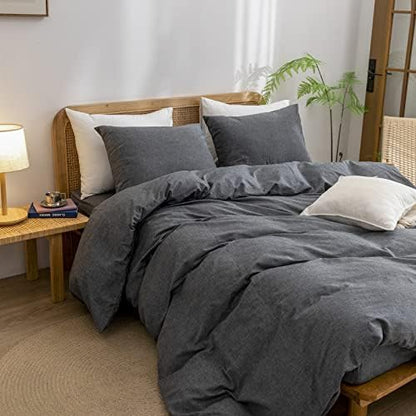 BESTOUCH Cotton Solid Duvet Cover Set Linen Feel Dark Black Queen