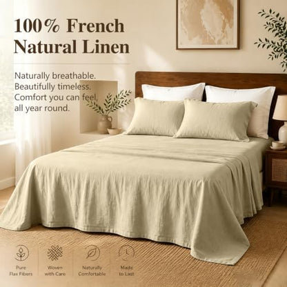 MEISHANG 100% French Linen Sheets California King,4 Pcs,18-24" Deep Pocket