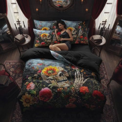 CCoutueChen Smile Skull Comforter Set King Size, Gothic Floral Bedding Set for Women Bedroom Decor,3 Pcs 2 Pillowcases/104 * 90