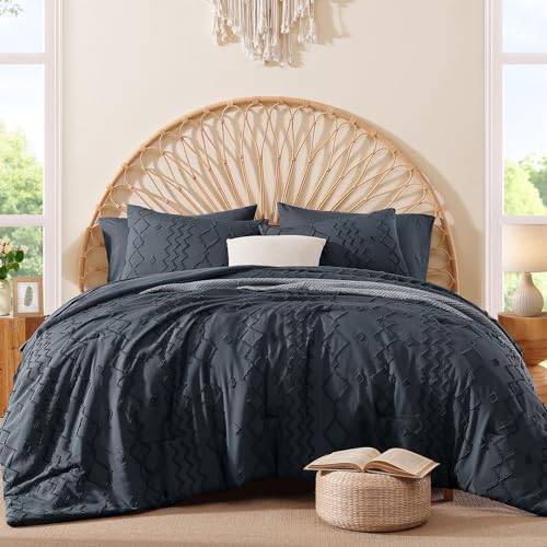 Full Size Comforter Set Navy Blue Tufted Boho Geometric Bedding 7 Pieces