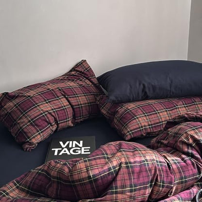 mixinni Vintage Burgundy Buffalo Plaid Comforter Cover Set Twin Size - 3 Piece Mid-Century Modern Washed Cotton Bedding, Soft Breathable Grid Duvet Cover with Matching Pillowcases for All-Season