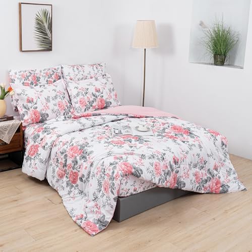 lasoftan Floral Queen Comforter Set with Sheets, 7 piece Luxury Vintage Bedding, Soft Microfiber Bed in a Bag, Cozy Lightweight Bed Set, Pink Flower Grey Leaf