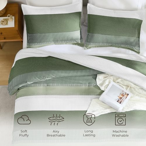Litanika Olive Green King Size Comforter Set - 3 Pieces Stripe Bed Set