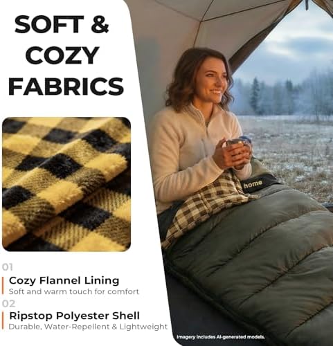 Cotton Flannel XXL Winter Sleeping Bags for Adults Big and Tall,Cold Weather 90x39 Inch Camping Sleep Bag,Waterproof Machine Washable 4 Season Outdoor Camping Gear,2-Way Zipper
