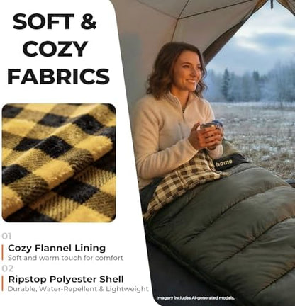 Cotton Flannel XXL Winter Sleeping Bags for Adults Big and Tall,Cold Weather 90x39 Inch Camping Sleep Bag,Waterproof Machine Washable 4 Season Outdoor Camping Gear,2-Way Zipper