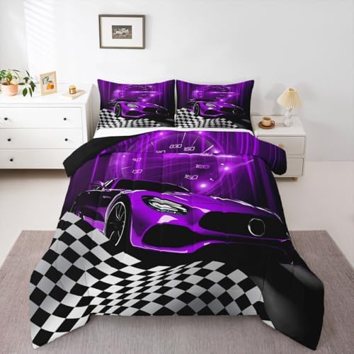 Erosebridal Purple Race Car Comforter Set for Kids Boys,Glitter Ombre Line Art Bedding Set Neon Light Sports Car Dashboard Quilt Full,Black and White Grid Lattice Buffalo Plaid Decor