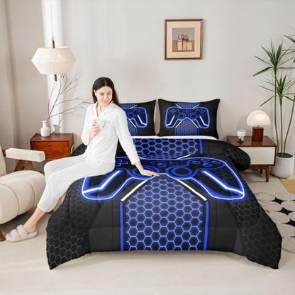 Feelyou Blue and Black Bedding Set King Size Gamer Comforter Set for Kids Game Controller Comforter Teens Honeycomb Duvet Set