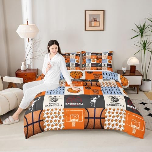 Boy Basketball Bedding Sets King Size,Ball Sport Games Comforter Set 3Pcs for Teens Adult Room Decor,Basketball Player Silhouette Quilted Duvet Modern Patchwork Plaid Down Comforter,2 Pillowcases