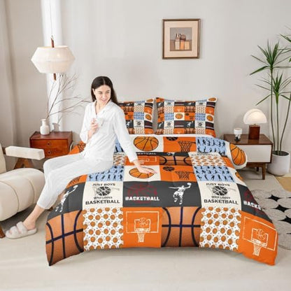 Boy Basketball Bedding Sets King Size,Ball Sport Games Comforter Set 3Pcs for Teens Adult Room Decor,Basketball Player Silhouette Quilted Duvet Modern Patchwork Plaid Down Comforter,2 Pillowcases