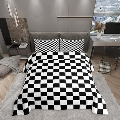 Manfei Black and White Plaid Comforter Set King Size, Reversible Geometric Square Grid Bedding Set 3pcs, Kids Boys Teens Room Decor, Soft Lattice Checkerd Down Comforter for All Season, 2 Pillowcases