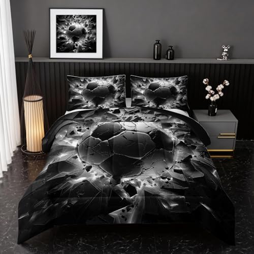 Nttopship Soccer Bedding Comforter Set King Size for Kids Teens and Adults, Black and White Football Printed Bedding Sets 3 PCS,Ball Sports Themed Bedroom Decor with 1 Comforter and 2 Pillowcases