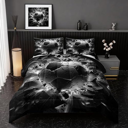 Nttopship Soccer Bedding Comforter Set King Size for Kids Teens and Adults, Black and White Football Printed Bedding Sets 3 PCS,Ball Sports Themed Bedroom Decor with 1 Comforter and 2 Pillowcases