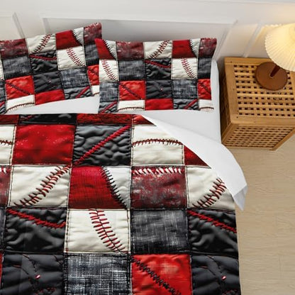 Red and Black Plaid Comforter Set King，Baseball Bedding Set King Red and Black，Sport Quilt for Boys，with 1 Comforter with 2 Pillow Case