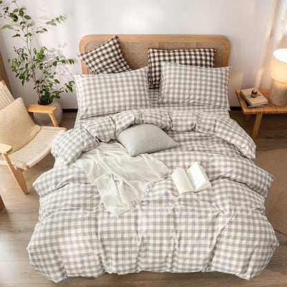 BESTOUCH Gingham Cotton Duvet Cover Set Linen Grey Full