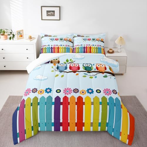 Manfei Owls Comforter Set King Size, Cartoon Birds Print Quilt Set with 2 Pillowcases, Colorful Flower Bedding Set 3pcs for Kids Boys Girls Bedroom Decor, Rainbow Plank Print Duvet Set