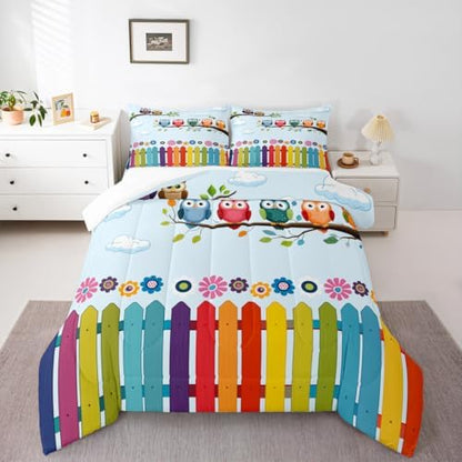 Manfei Owls Comforter Set King Size, Cartoon Birds Print Quilt Set with 2 Pillowcases, Colorful Flower Bedding Set 3pcs for Kids Boys Girls Bedroom Decor, Rainbow Plank Print Duvet Set