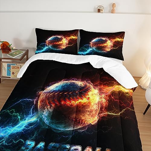 HOSIMA Baseball Comforter,Flame Lightning Bed in a Bag King Size Comforter Set Sports Themed Bedroom Decor,Dorm Room Essentials for College Students Boys Soft Microfiber Black Comforter.