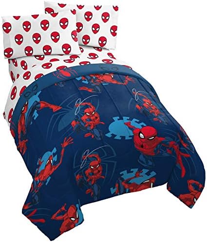 Marvel Spiderman Twin Comforter Set 4 Piece Kids Bedding for Boys, Blue