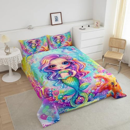 Cartoon Mermaid Comforter Set Queen Size Colorful Ocean Theme Bedding Set with 2 Pillowcases for Kids Child Girls,Princess Bedroom Cartoon Quilt Underwater World Starfish Duvet Double-sided Printing