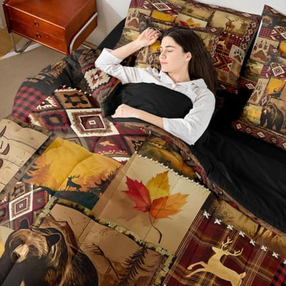 Erosebridal Vintage Rustic Bedding Set Queen Farmhouse Lodge Bear Deer Comforter Set 7 Piece Country Cabin Bed in A Bag for Kids Western Maple Leaf Retro Pine Trees Quilt with Flat Fitted Sheet