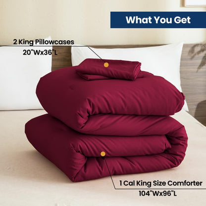 Paxrac Burgundy California King Comforter Set, 3 Pieces Lightweight Solid Bedding Set, Soft Fluffy Comforter, All Season Cal King Bed Set (104"x96" Comforter & 2 Pillowcases)