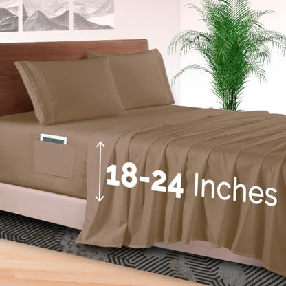 Elegant Comfort 4-Piece Bed Sheet Set - Luxury Bedding 1500 Premium Hotel Quality Microfiber, All Around Elastic 18-24 Inches Deep Fitted Sheet- Extra Deep Pocket Sheets, Queen, Taupe Tan