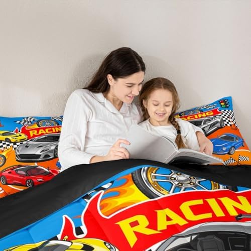 Feelyou Boys Race Car Comforter Set All Season Sports Racing Car Bedding Set with 2 Pillow Cases Extreme Sports Microfiber Kids Full Bedclothes Bedroom Decor Duvet Quilt Breathable Soft Lightweight