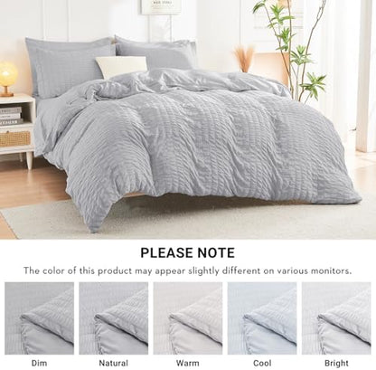 HYMOKEGE Light Grey California King Comforter Set Seersucker 7 Pieces, All Season Luxury Bed in a Bag for Bedroom, Bedding Set with Comforters, Sheets, Pillowcases & Shams