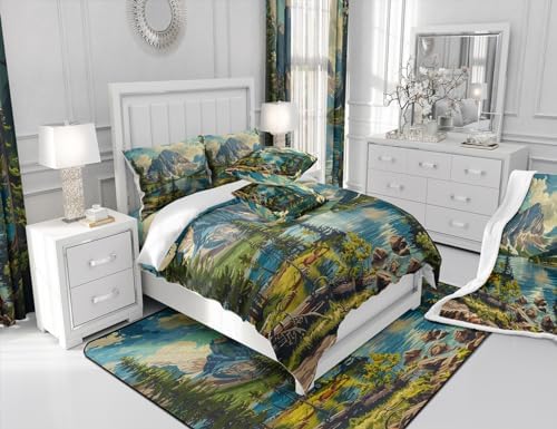 Camping Theme Bedding Set King Size,Mountain River Comforter Set for Kids Teens Adults Room Decor,Woodland Camping Adventure Duvet Insert 3Pcs,Nature Scenery Lake House Quilt Set,2 Pillowcases
