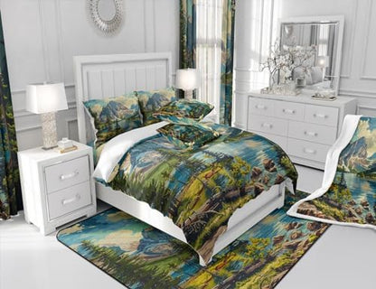 Camping Theme Bedding Set King Size,Mountain River Comforter Set for Kids Teens Adults Room Decor,Woodland Camping Adventure Duvet Insert 3Pcs,Nature Scenery Lake House Quilt Set,2 Pillowcases