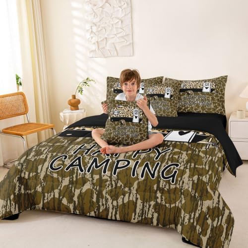 Erosebridal Happy Camping 7 Piece Comforter Set King Army Green Camouflage Bedding Set for Boys Girls Leopard Print Camper Car Sheet Set with Comforter Military Camo Cheetah Pattern Wild Duvet Insert
