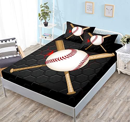 HOSIMA Honeycomb Baseball Twin Fitted Sheet,1 Fitted Sheet+2 Pillowcases.