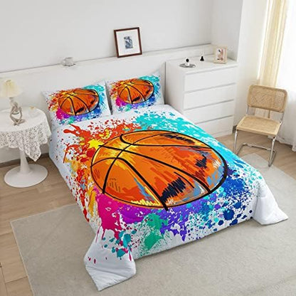 Castle Fairy Boys Basketball Comforter Set Queen Size Watercolor Tie-dye Bedding Set for Kids Boys Bedroom Decoration Sports Basketball Bed Duvet Insert Hippie Comforter with 2 Pillowcase