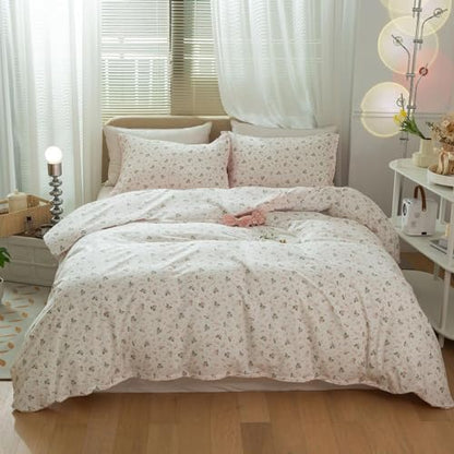 Vintage Floral Comforter Set Full Size Garden Style Pink Floral Bedding Set Aesthetic Cottagecore Flowers Botanical Comforter Set with 2 Pillowcases Fluffy Lightweight Bedding Set for All Seasons