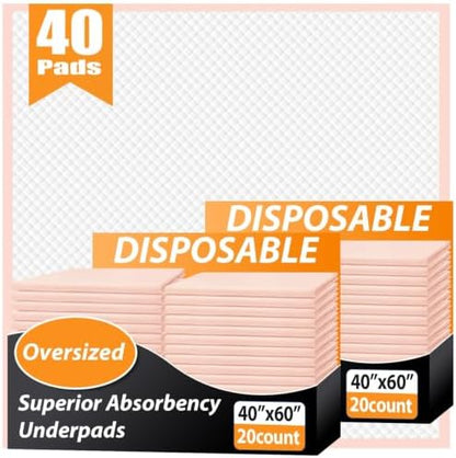 MKISS Oversized Bed Pads 40" x 60"(40 Counts), Heavy Duty Ultra Absorbent Underpads, Chucks Pads Disposable for Adults, Children, Babies, Elderly and Pets
