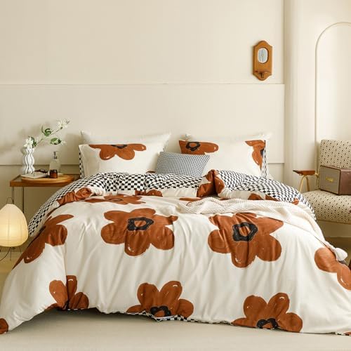 Wellboo Boho Floral Comforter Sets California King Pumpkin Sunflower Bedding Set Cal King White and Pumpkin Botanical Bed Brown Floral Quilts Large Flower Plant Blankets Watercolor Flower Bohemian Bed