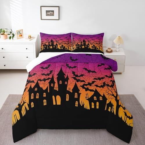 Homewish Castle Silhouette Full Size Comforter Set,Orange Purple Bedding Set for Adults Teens,Children Black Bat Comforter Luxury Halloween Theme Quilt Set Room Decor 3Pcs