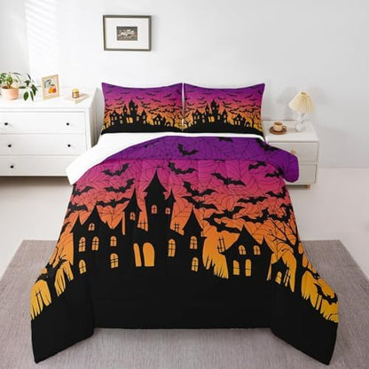 Homewish Castle Silhouette Full Size Comforter Set,Orange Purple Bedding Set for Adults Teens,Children Black Bat Comforter Luxury Halloween Theme Quilt Set Room Decor 3Pcs